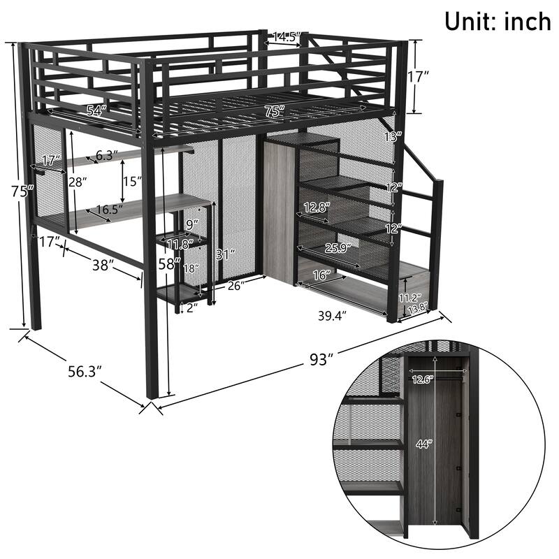 Black Full Size Metal Loft Bed with Wardrobe, Desk, and Storage Shelves