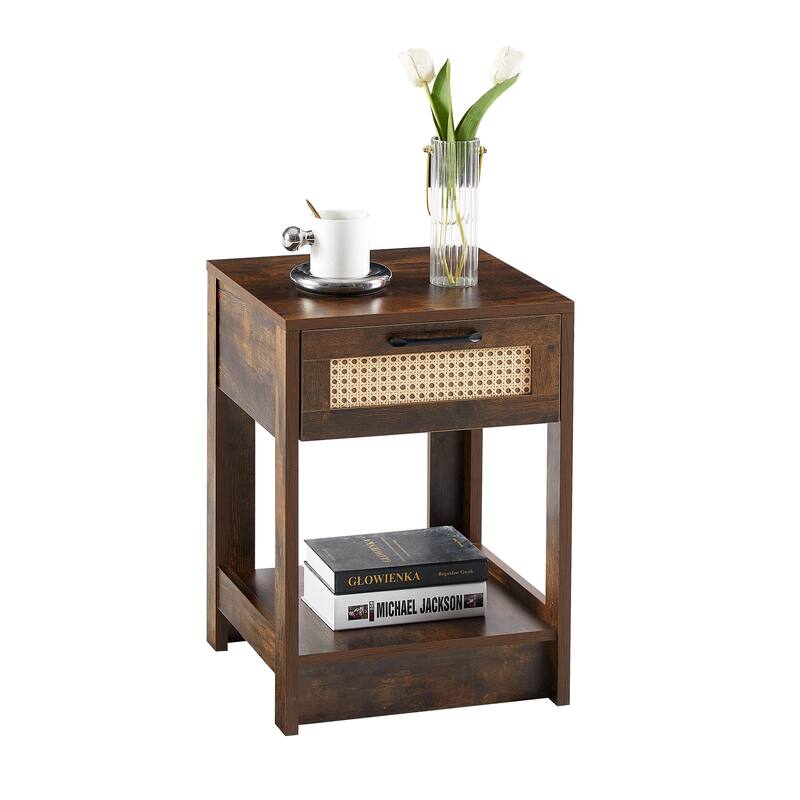 Modern Rattan Nightstand Small Side Table with Drawer for Bedroom or Living Room