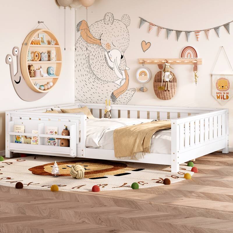 Montessori Floor Bed Low Profile Kids Bed with Rails & Bookshelf