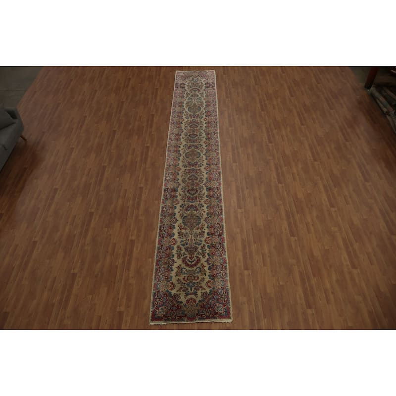 Hand Knotted Oriental 100% Wool Carpet Traditional Floral Beige & Ivories Kerman Runner Rug - 19' 3'' X 3' 1''