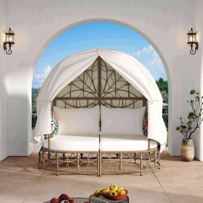Outdoor Rattan Wicker Daybed with Adjustable Privacy Curtain and Cushions, Birdcage Shaped Sofa Bed for Garden Patio Yard