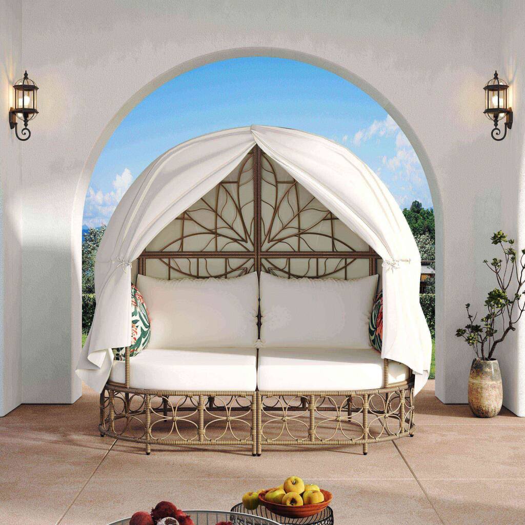 Outdoor Rattan Wicker Daybed with Adjustable Privacy Curtain and Cushions, Birdcage Shaped Sofa Bed for Garden Patio Yard