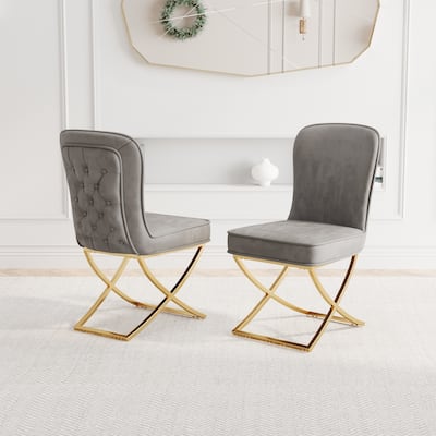 Velvet Upholstered Dining Chair Set of 2, Modern Kitchen Armless Chair with Metal Legs and Tufted Backrest Parsons Chair