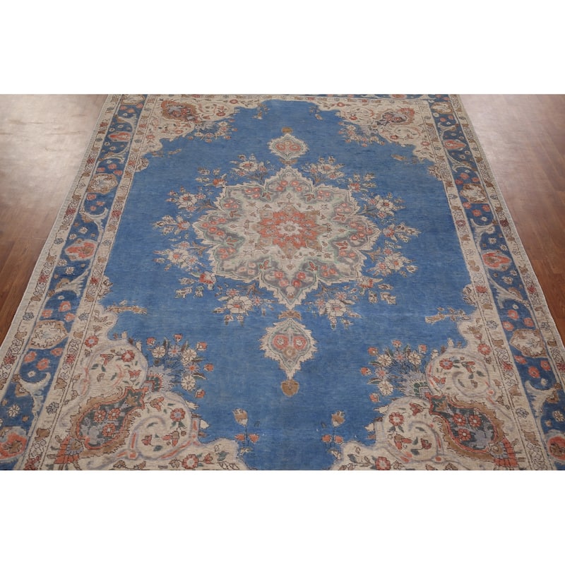 Tabriz Vintage Persian Rug Hand-Knotted Blue Wool Carpet - 8'4" x 11'3"