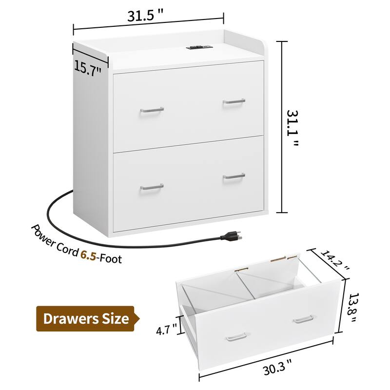 Modern 2 Drawer Large Lateral Filing Cabinet with Charging Station & Power Outlet