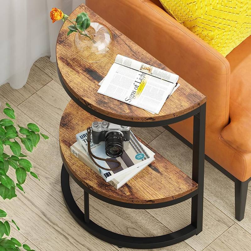 End Table Half Round, Narrow Wood Side Table with Metal Frame