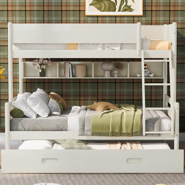 slide 2 of 9, Twin Over Full Bunk Beds with Twin Size Trundle-Bed & 4 Storage Shelves, Solid Wood Bunk Bedframe with Ladder and Guard Rail