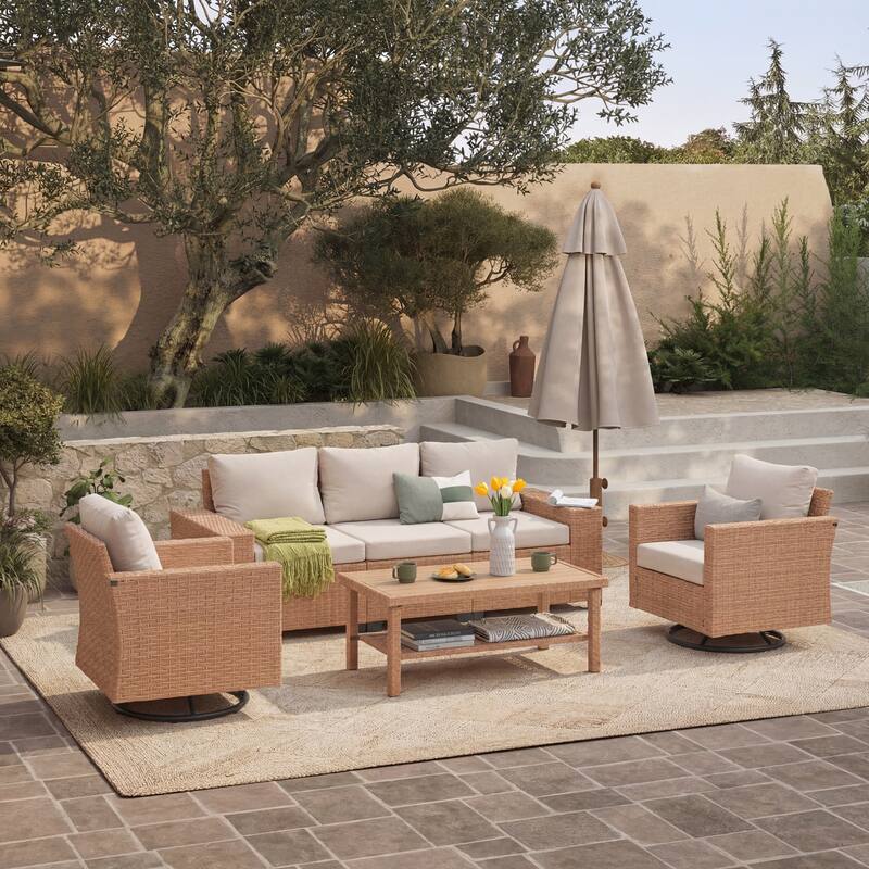 Outdoor Conversation Set 4-Piece with Swivel Chair and 3-Seater Sofa with Cushion and Coffee Table PE Wicker Rattan