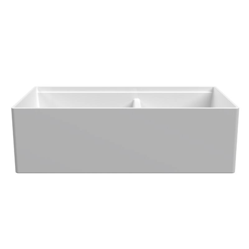 Ruvati 33 inch Fireclay Workstation White Farmhouse Kitchen Sink Apron Front Double Bowl - RVL2382WH - 30 x 18