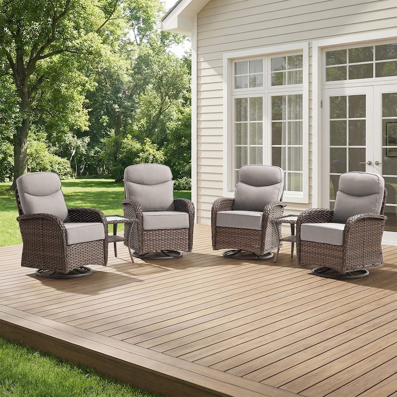 Pocassy Outdoor Sofa Swivel Chair and Ottman with Fire Pit Table - Brown Wicker Beige Cushion - 6-Piece Swivel Chair with Side Table