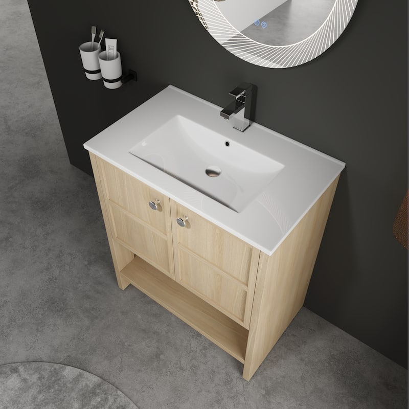 GDFStudio - Bergen Modern Minimalist Freestanding Bathroom Vanity Cabinet with Ceramic Sink, Soft Close Doors& Open Shelf - 30"
