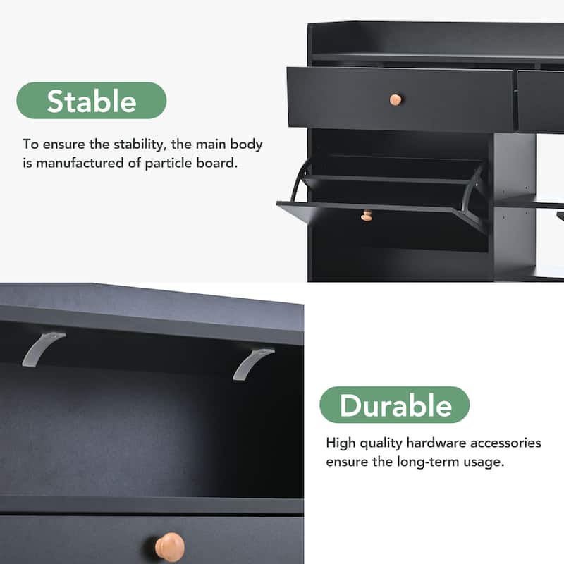 Roomfitters Modern Tipping Bucket Shoe Cabinet with 4 Flip Compartments, Multifunctional 2-Tier Shoe Storage Organizer