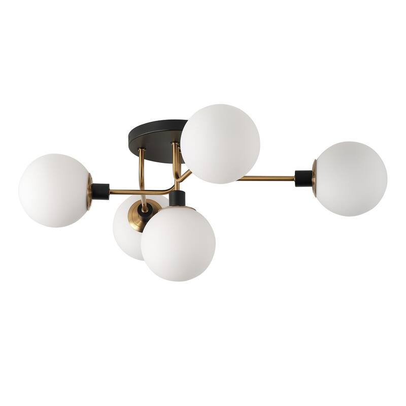 Matte Black 5-Light Semi Flush Mount Close to Ceiling Light with White Glass Shades