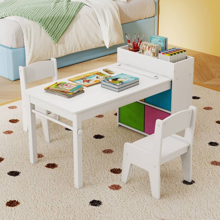 Kids Art Table and 2 Chairs Set with 4 Fabric Storage Bins and 4 Compartments - 39.5" x 20" x 23" (L x W x H)