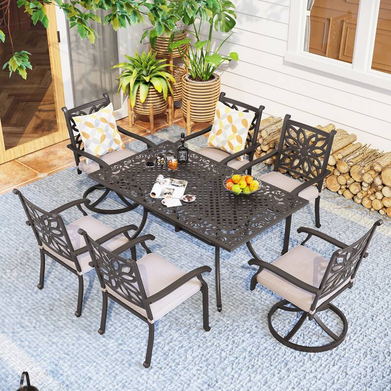 MAISON ARTS 7-Piece Cast Aluminum Patio Dining Set with Rectangle Dining Table & 6 Cast Aluminum Patio Chairs