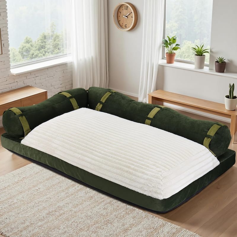 WOWMAX 71 Inch Corduroy Boneless Mattress Couch Floor Sofa Lounge Couch with Armrests Cloud Sectional Sofa - Beige