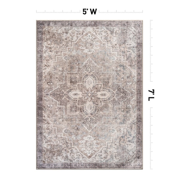 dimension image slide 12 of 17, Floral Medallion Washable Rug – Low Pile, Non-Slip, Ideal for Entryway, Living Room, and Bedroom