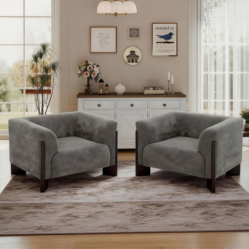 Upholstered Nordic Wide Seat Tuxedo Arms Barrel Chair Set of 2 - Grey-Chenille