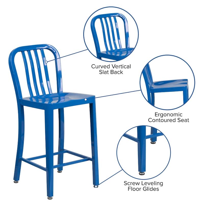24'' High Metal Indoor-Outdoor Counter Height Stool with Vertical Slat Back