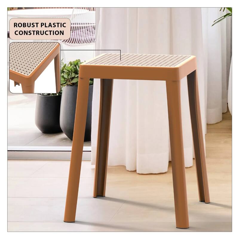 Tresse Modern Stackable Dining Stool with Wicker Seat for Dining Room, Garden, Patio, Indoor or Outdoor Set of 2