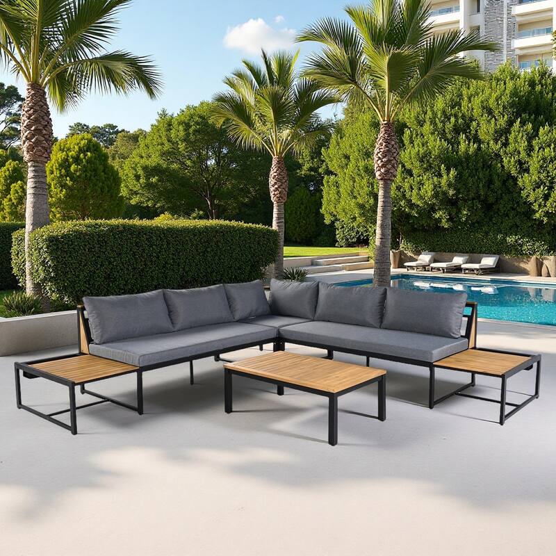 4-Piece Outdoor Patio Iron Sectional Sofa Set with Coffee Table and Side Storage Shelf - Gray