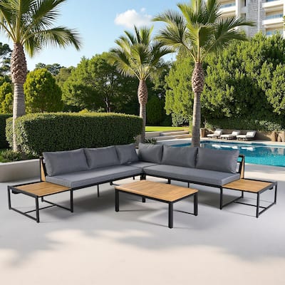 4-Piece Outdoor Patio Iron Sectional Sofa Set with Coffee Table and Side Storage Shelf