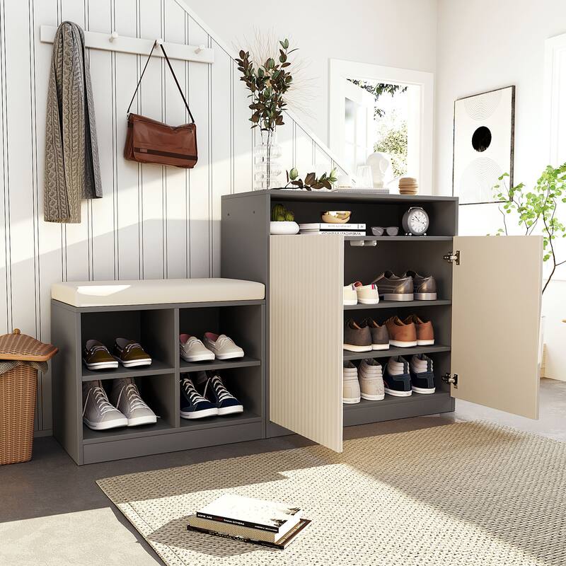 Shoe Cabinet with Bench, Doors & Adjustable Shelves, Entryway Bench with Open Shoe Racks, Storage Console Table with Hooks - Beige+Grey
