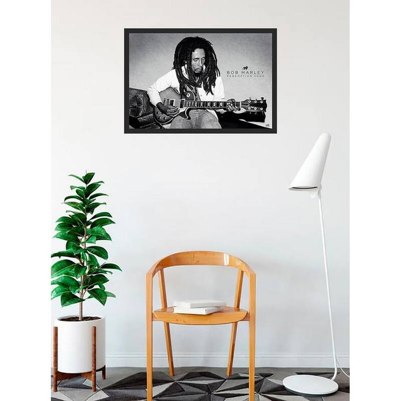 Bob Marley Redemption Song Black and White Playing Guitar Framed Poster - 24 x 36 Inch