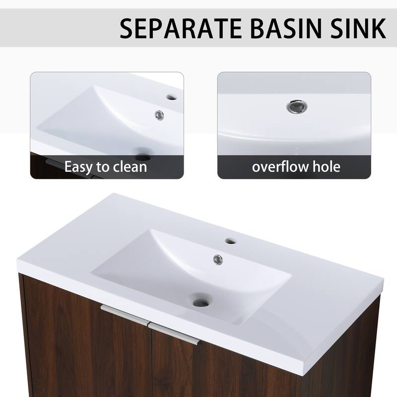 Floating Bathroom Vanity with Resin Sink, Soft Closing Doors, Metal Handles, and Ample Storage Space - 35.4in L Plywood