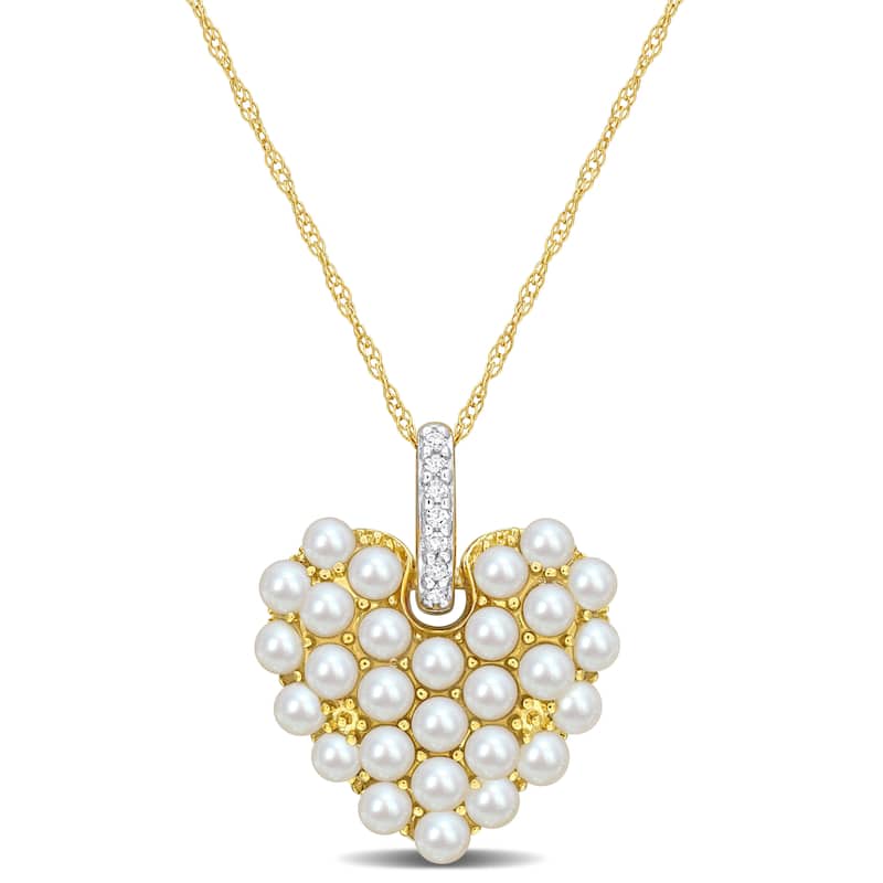 Miadora 2-2.5mm Cultured Freshwater Pearl and Diamond Accent Pendant Chain in 14k Yellow Gold