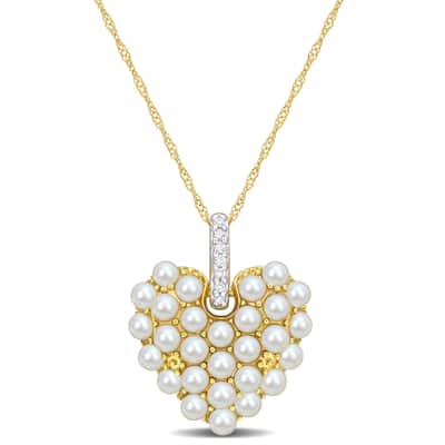 Miadora 2-2.5mm Cultured Freshwater Pearl and Diamond Accent Pendant Chain in 14k Yellow Gold