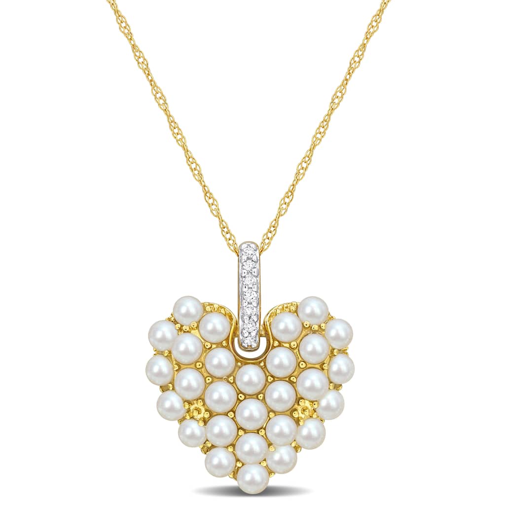 Miadora 2-2.5mm Cultured Freshwater Pearl and Diamond Accent Pendant Chain in 14k Yellow Gold