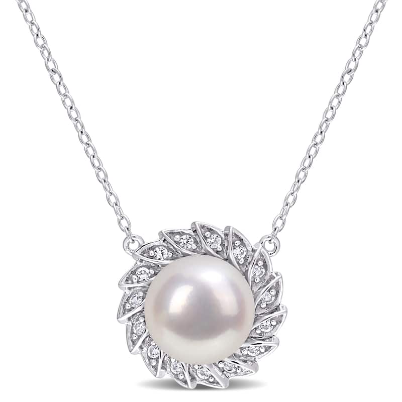 Miadora 9.5-10mm Cultured Freshwater Pearl and 1/6ct TGW Created White Sapphire Halo Pearl Sterling Silver
