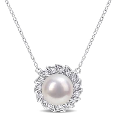 Miadora Cultured Freshwater Pearl and Created White Sapphire Halo Marquise Floral Necklace in Sterling Silver (9.5-10mm)