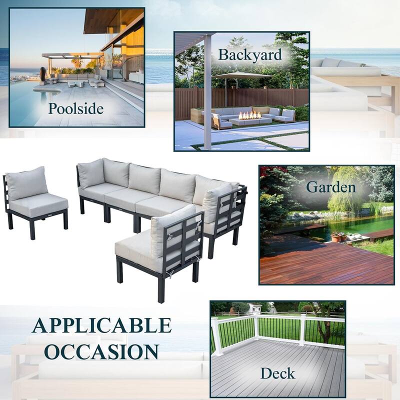 Chelsea 6-Piece Outdoor Patio Sectional Set in Black Aluminum with Removable Cushions for Backyard Garden and Patio Deck