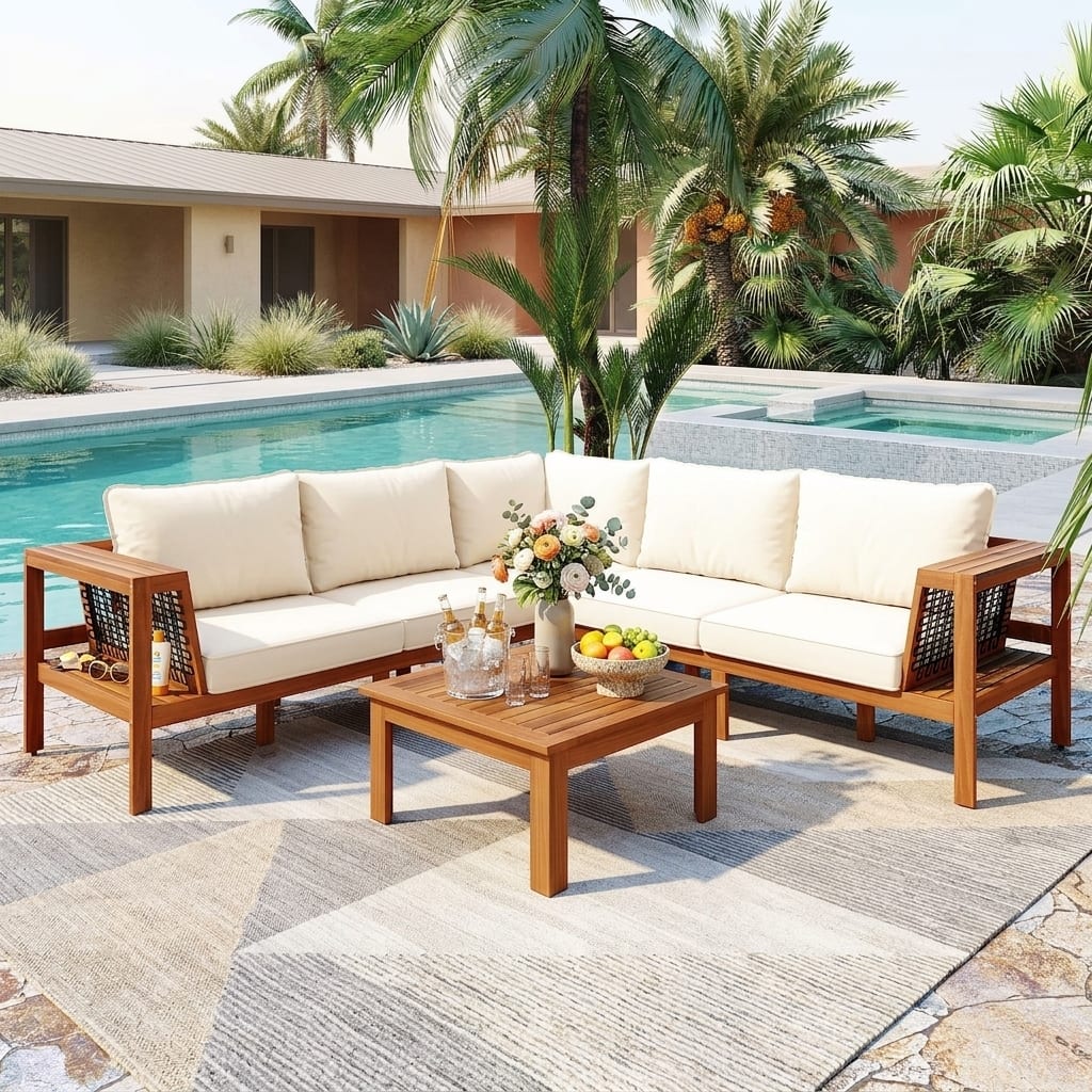 Exclusive 4-Piece Outdoor Acacia Wood Sectional Sofa Set with Woven Rope Armrests