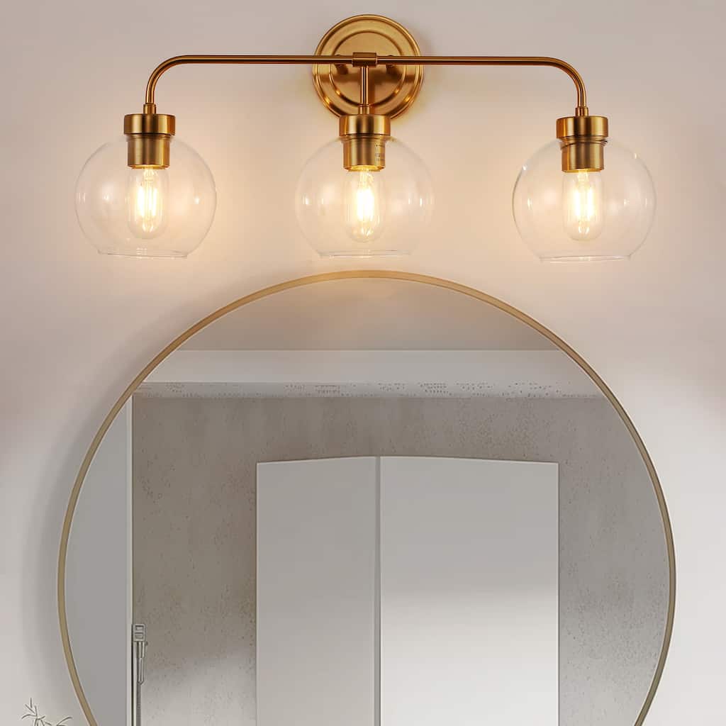 YANSUN Gold 3-Light Vanity Light, E26 Bathroom Wall Light Fixture with Glass Shades for Makeup Room, Dressing Room, and Restroom