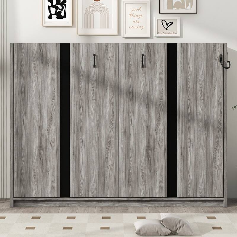 Twin Size Storage Murphy Bed with 2-Tier Shelf, 3 Drawers and LED Light, Full Size Folding Bed Frame Optional