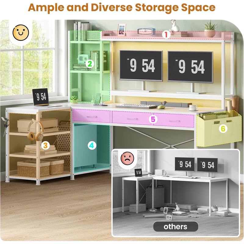 55" L Shaped Gaming Desk Corner Computer Desk Fabric Drawers