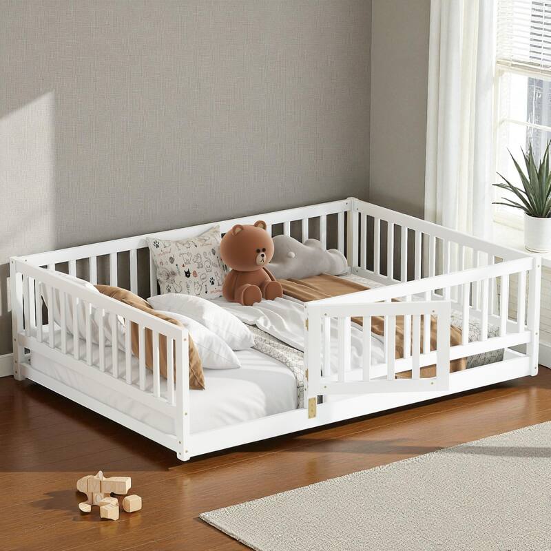 Twin/Full Montessori Floor Bed with Slats, Fence and Door, Wood Low Kids Bed for Girls and Boys, No Box Spring Needed