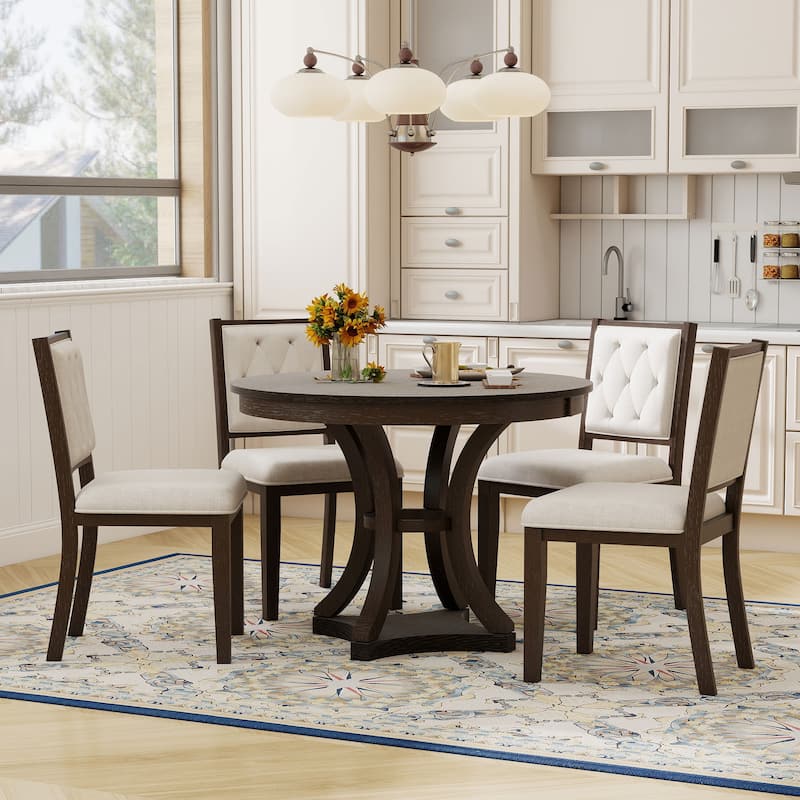 5-Piece Retro Functional Dining Table Set Extendable Round Table and 4 Upholstered Chairs for Dining Room and Living Room