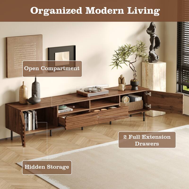 78.7" Modern Walnut TV Stand for TVs up to 85 Inch, Entertainment Center with Slatted Doors, Soft-Close Hinges