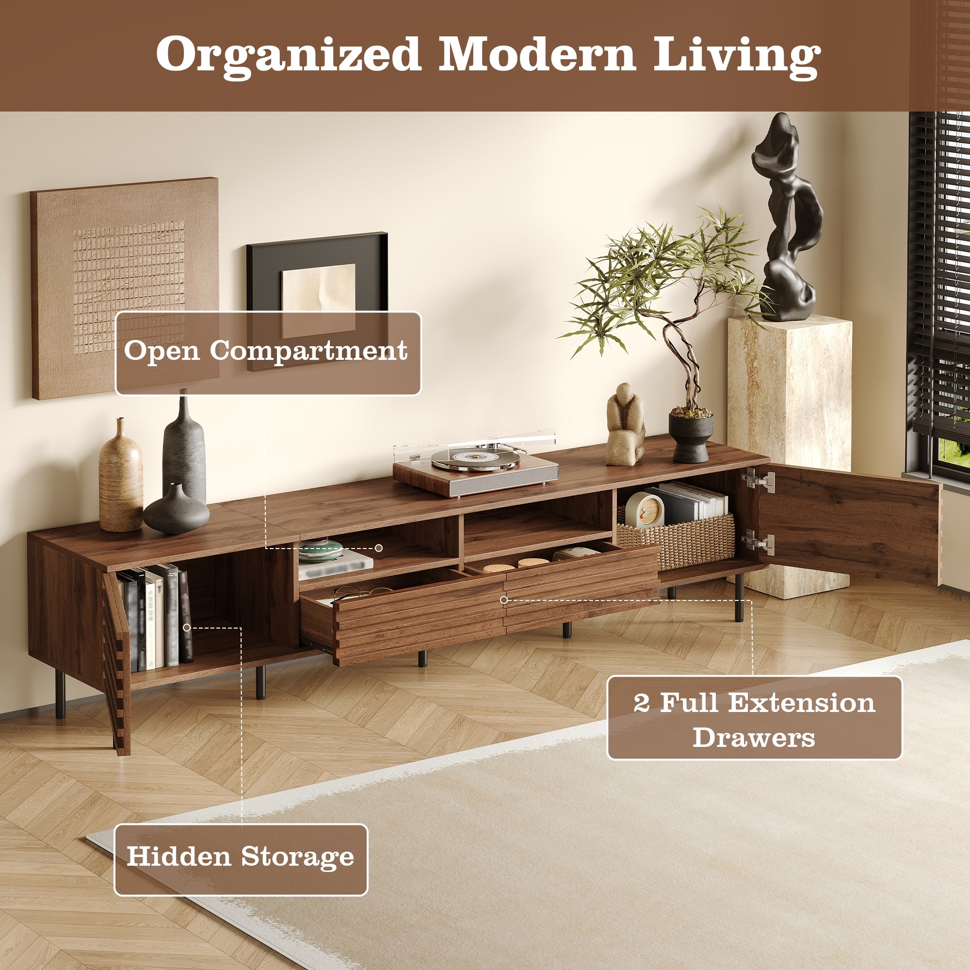 TV Stand for Living Room, Mid Century Modern Entertainment Center for 65/75/85" TVs, Slatted Door Design Media Console Table