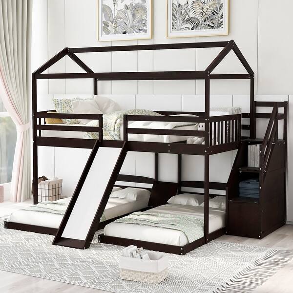 slide 2 of 9, Innovative Full-Twin Bunk Bed with Slide, Storage Stairs, and Built-in Drawer Espresso