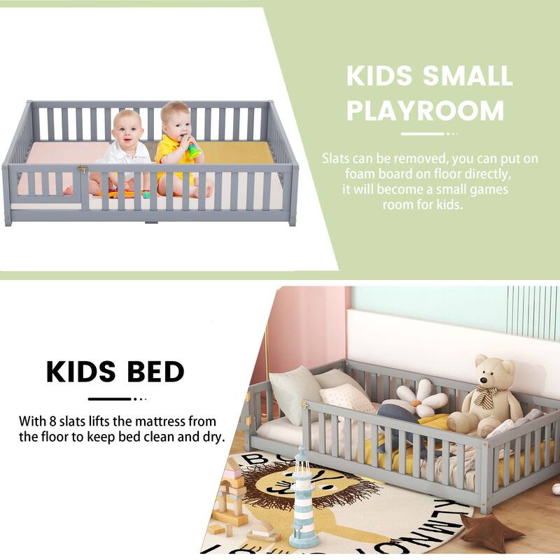 Full Size Kids Floor Bed with Guardrails and Door
