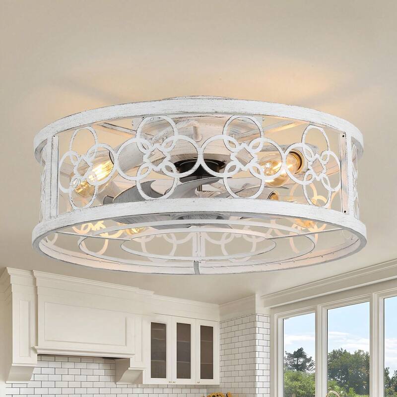 Cusp Barn 20 Inch Distressed White Ceiling Fan, Low Profile 6-Light Light Fixture, Caged Bladeless Flush Mount Fans for Bedroom - Distressed White - Pattern 2