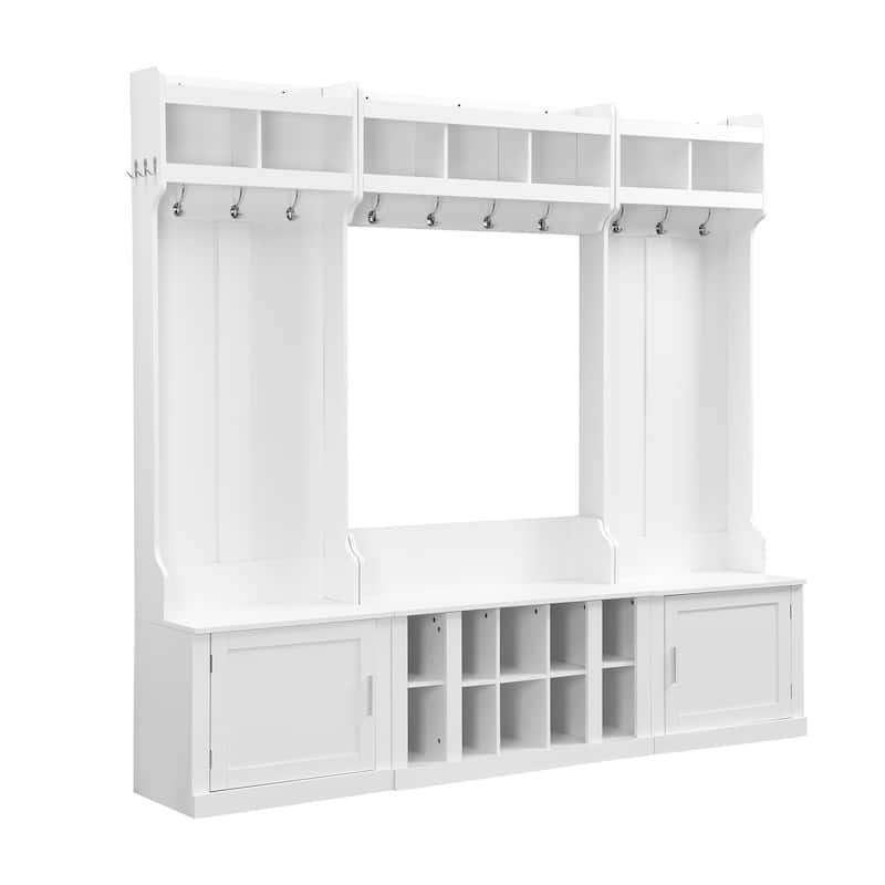 Wide Design Hall Tree with Storage and Bench, 4-IN-1 Multi-functional Entryway Bench with Coat Rack and Shoe Cubbies
