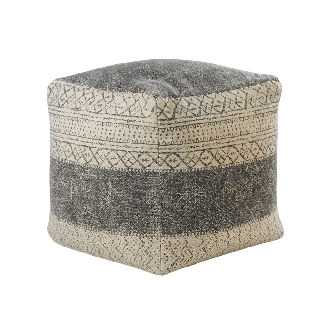 20” Upholstered Pouf Ottoman Square Cotton Footstool Ivory Grey Geometric Design Removable Zippered Cover