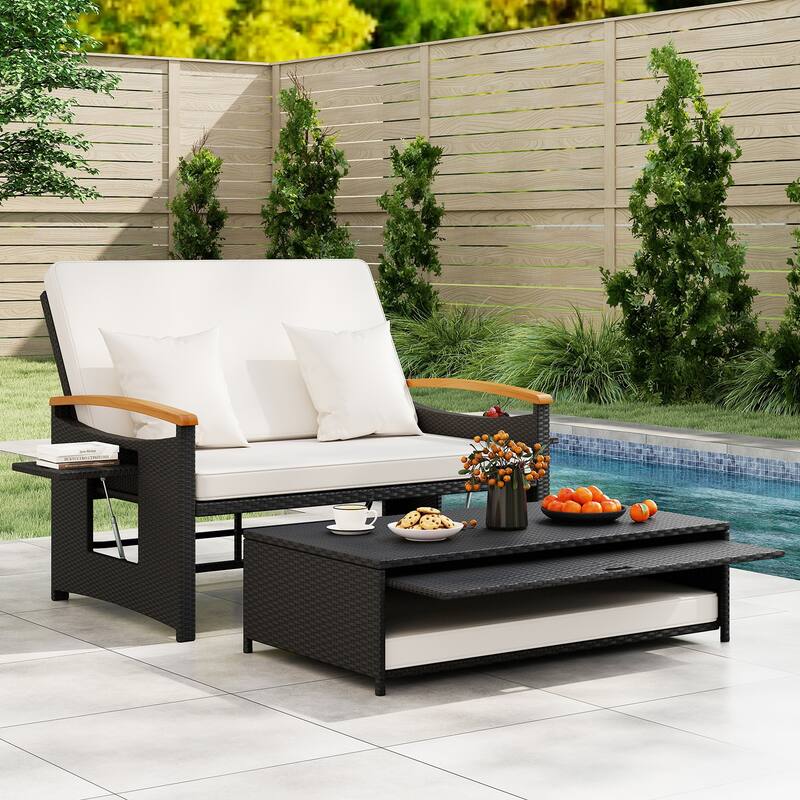Gymax Patio Rattan Daybed Set w/Cushioned Loveseat & Storage Ottoman