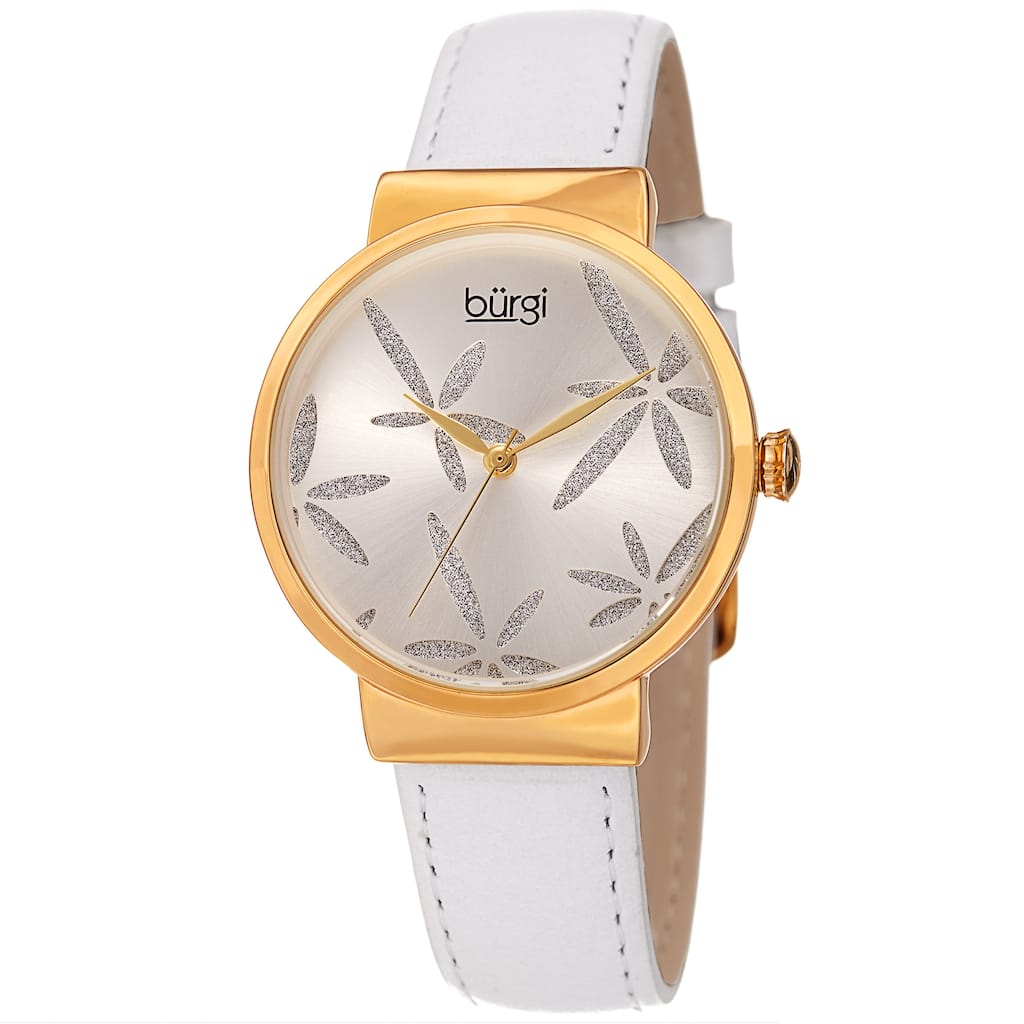 Burgi Ladies Sparkling Floral White Leather Strap Watch